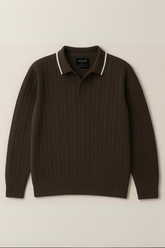 Wool Cable Knit Polo Sweater - Saddle Brown
